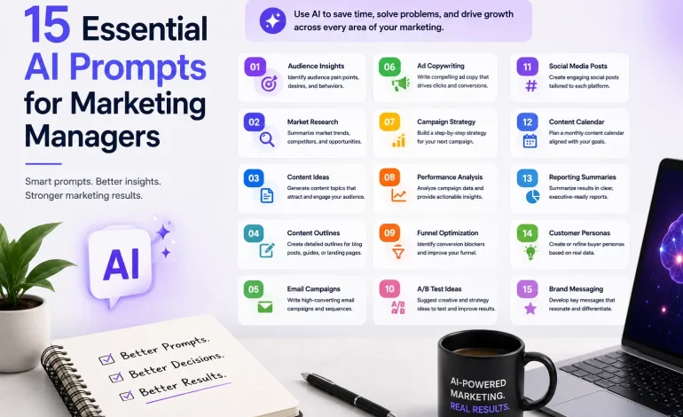 15 AI prompts for marketing managers covering audience research, content, advertising, campaign strategy, analytics, funnels, reporting, and brand messaging.