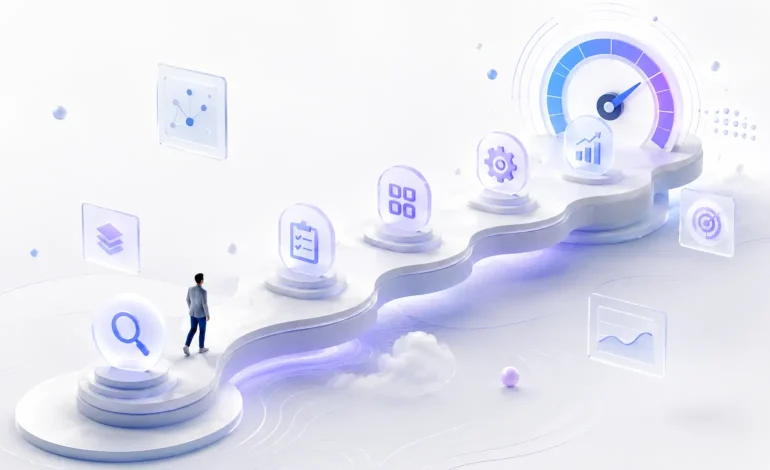 3D illustration of a business AI automation roadmap showing stages from discovery and assessment to implementation, optimization, and growth.