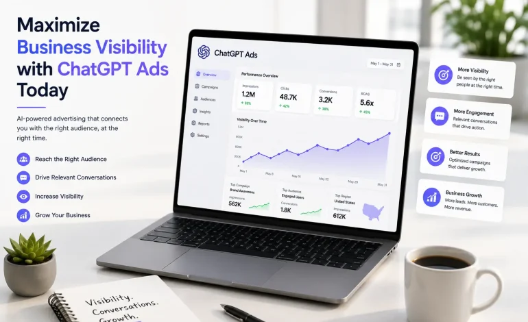 ChatGPT Ads dashboard illustrating increased business visibility, audience reach, engagement, conversions, and advertising performance.