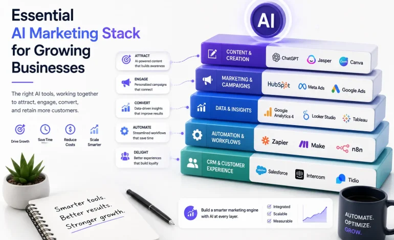 AI marketing stack showing tools for content creation, campaigns, analytics, automation, CRM, and customer experience for growing businesses.