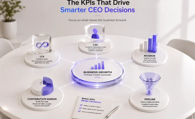 3D illustration of essential marketing KPIs for CEOs, including CAC, LTV, revenue, contribution margin, pipeline, and business growth.