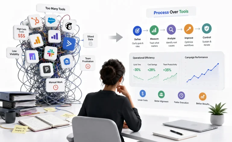 Editorial illustration showing a marketing operations professional simplifying an overloaded marketing technology stack by focusing on streamlined workflows, process optimization, and operational efficiency.