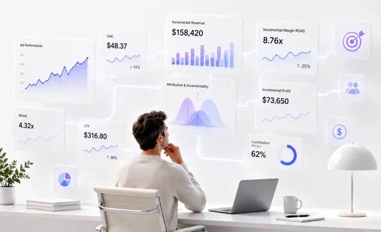Marketing strategist analyzing CAC, LTV, ROAS, contribution margin, and incremental revenue to measure true marketing profitability.
